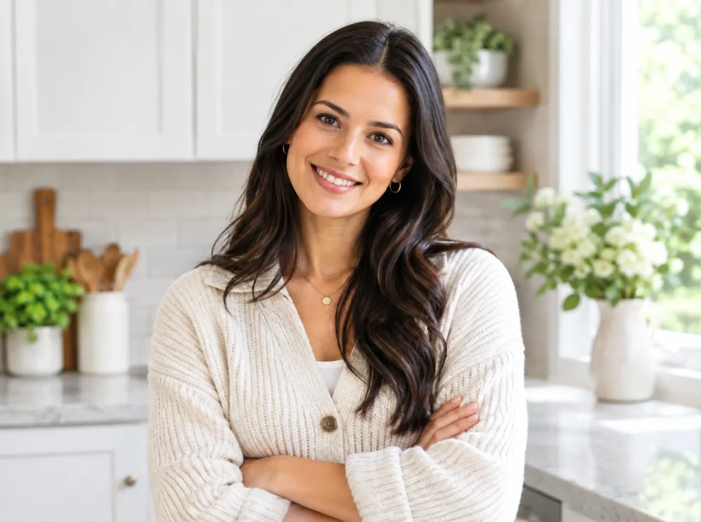 Home decor blogger smiling in a bright modern kitchen